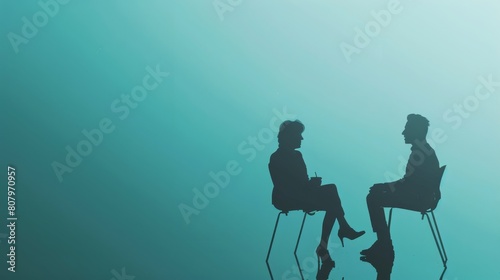 Two people are sitting on chairs, talking.