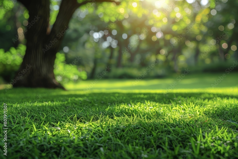 Soft, verdant grass illuminated by dappled sunlight under the protective branches of a large tree Soft, verdant grass illuminated by dappled sunlight under the protective branches of a large tree