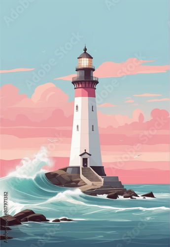 Serene Beacon of Light Guiding Sailors Through Turbulent Seas at Dawn