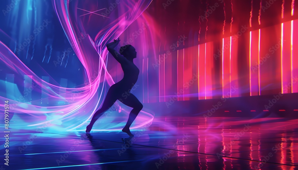Set the scene for a gravity-defying dancer in a high-tech environment