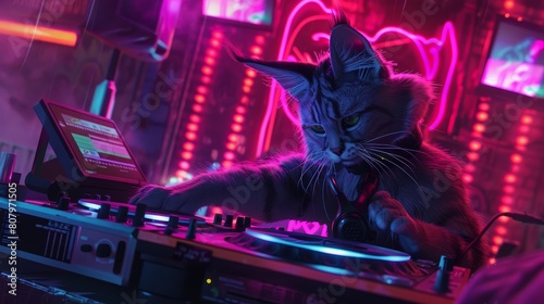 Under the neon lights, a cat DJ spins records at a club, with a dynamic animal banner pulsating to the beat photo