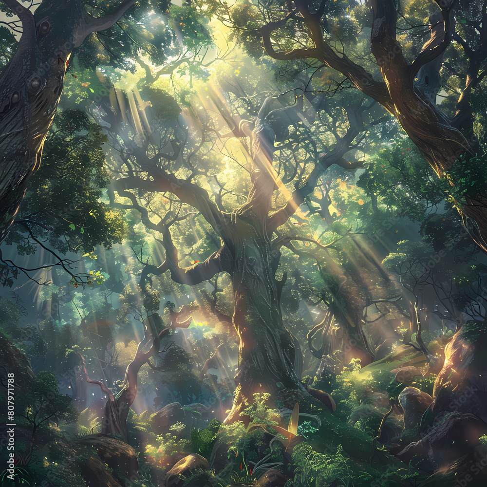 Collection of of enchanting forest fantasy anime scenes , featuring towering ancient trees, whimsical creatures, Collection of of enchanting forest fantasy anime scenes , featuring towering ancient trees, whimsical creatures,