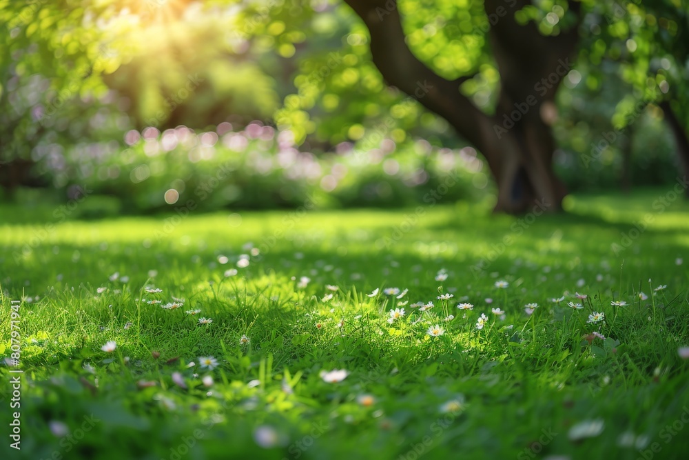 A tranquil meadow bathed in sunlight with daisies dotting the vibrant green grass, invoking a sense of calm A tranquil meadow bathed in sunlight with daisies dotting the vibrant green grass, invoking a sense of calm