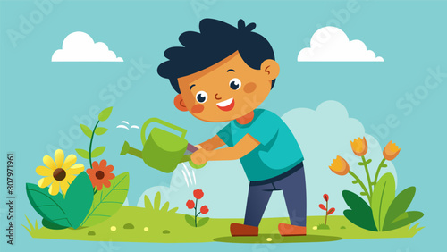 A young child playfully waters the plants in his theutic garden giggling as the water sprinkles his face.. Vector illustration