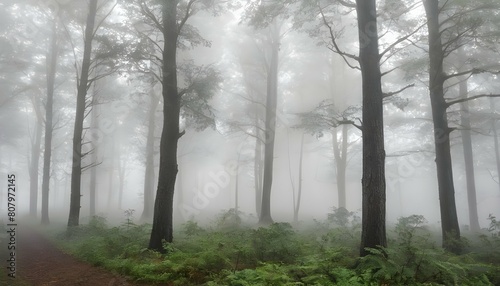 A dense fog enveloping the trees of a misty forest