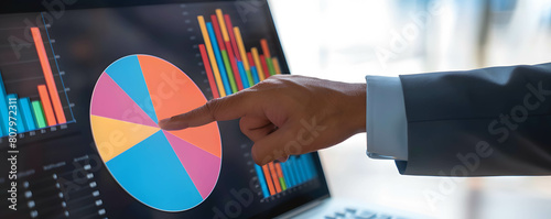 Businessman touching financial data chart and graph on digital screen in office, financial dashboard showing diversification of investment or asset allocation or portfolio management on stock