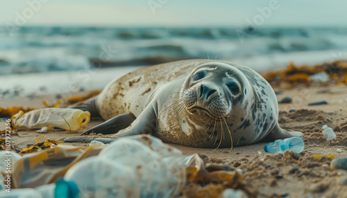 A baby seal is laying on the beach, surrounded by seaweed and rocks photo