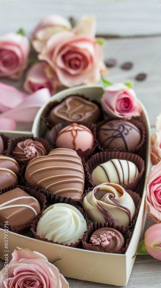 Gourmet Chocolates in a Heart Amidst Tender Roses Gourmet Chocolates in a Heart Amidst Tender Roses