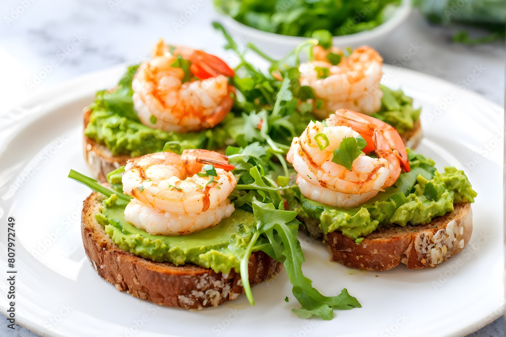 Avocado Shrimp Toast. Ideal for healthy eating blogs, recipe websites, and culinary magazines