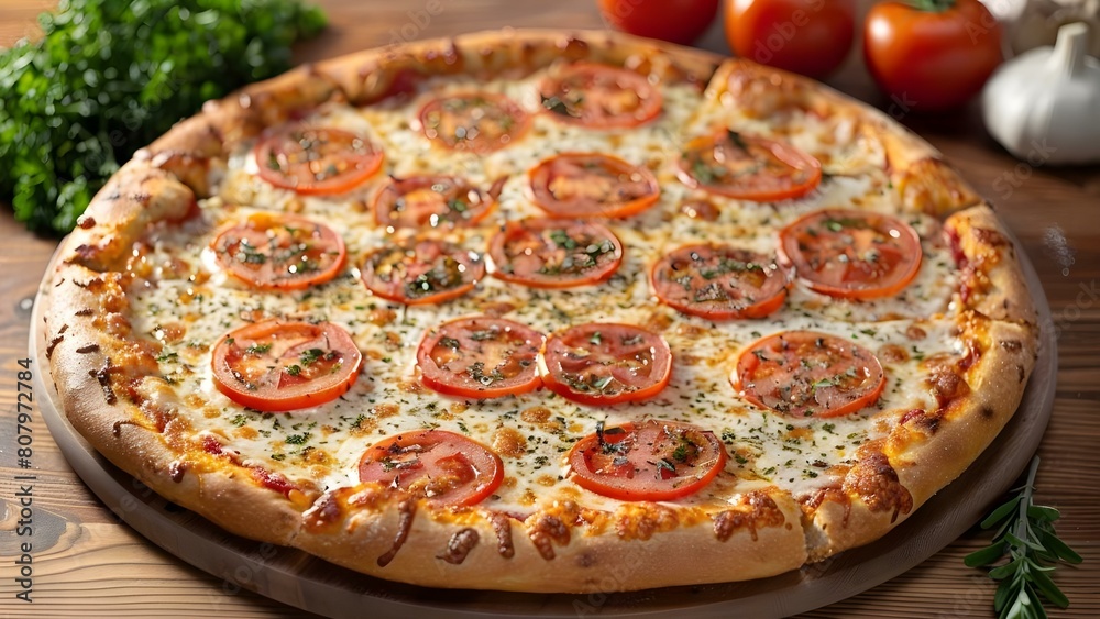 Delicious Cheese Pizza with Tomatoes and Herbs on a Wooden Table. Concept Food Photography, Cheese Pizza, Fresh Tomatoes, Wooden Table, Culinary Art Delicious Cheese Pizza with Tomatoes and Herbs on a Wooden Table. Concept Food Photography, Cheese Pizza, Fresh Tomatoes, Wooden Table, Culinary Art
