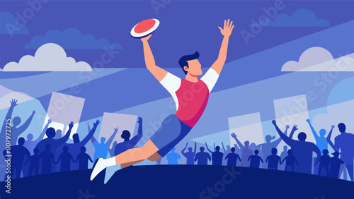 Amidst a sea of cheering fans the ultimate frisbee player makes an impossible catch in the end zone securing the overtime victory for his team.. Vector illustration photo