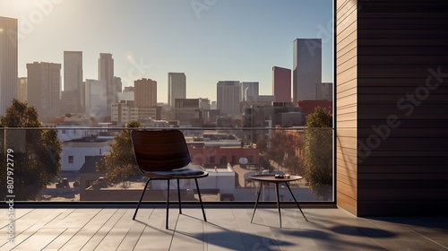 A minimalist metal chair on a balcony overlooking a bustling city street, offering a peaceful retreat from urban life © HMDesigner