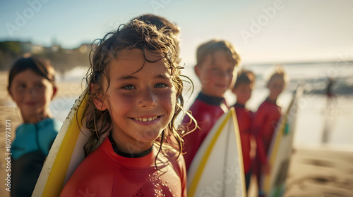 groupe d'enfants avec planche de surf sur une plage pour prendre des cours de surf photo