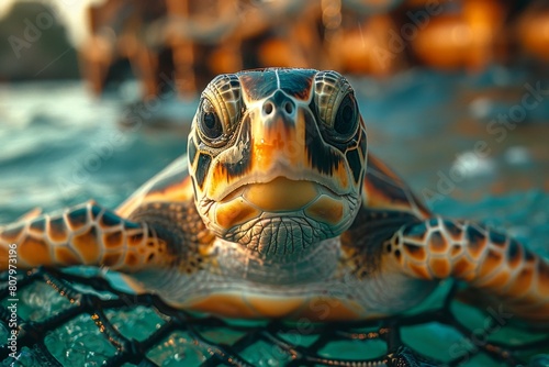 Turtles trapped in fishing nets due to ocean pollution, in sea water under the sea, World Environment Day, environmental protection theme，Struggling Sea Turtle Caught in Fishing Net - 4K HD Wallpaper  © Da