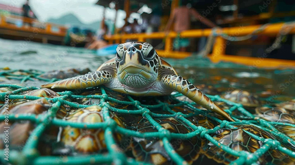 Turtles trapped in fishing nets due to ocean pollution, in sea water ...