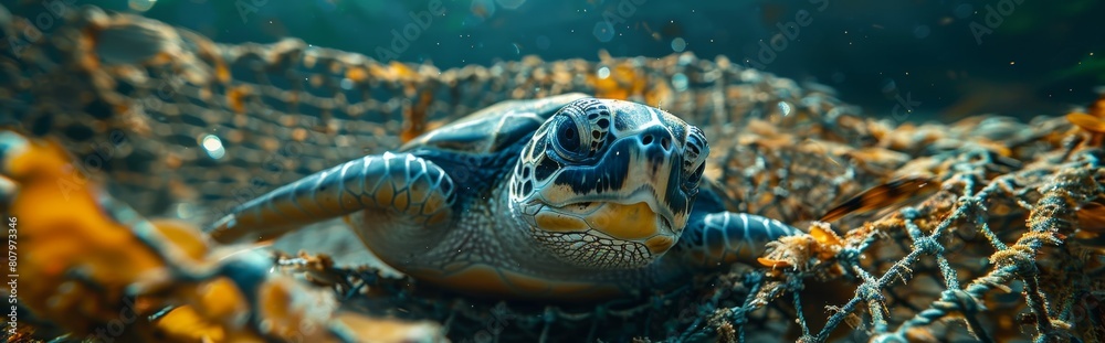 Fototapeta premium Turtles trapped in fishing nets due to ocean pollution, in sea water under the sea, World Environment Day, environmental protection theme，Struggling Sea Turtle Caught in Fishing Net - 4K HD Wallpaper 
