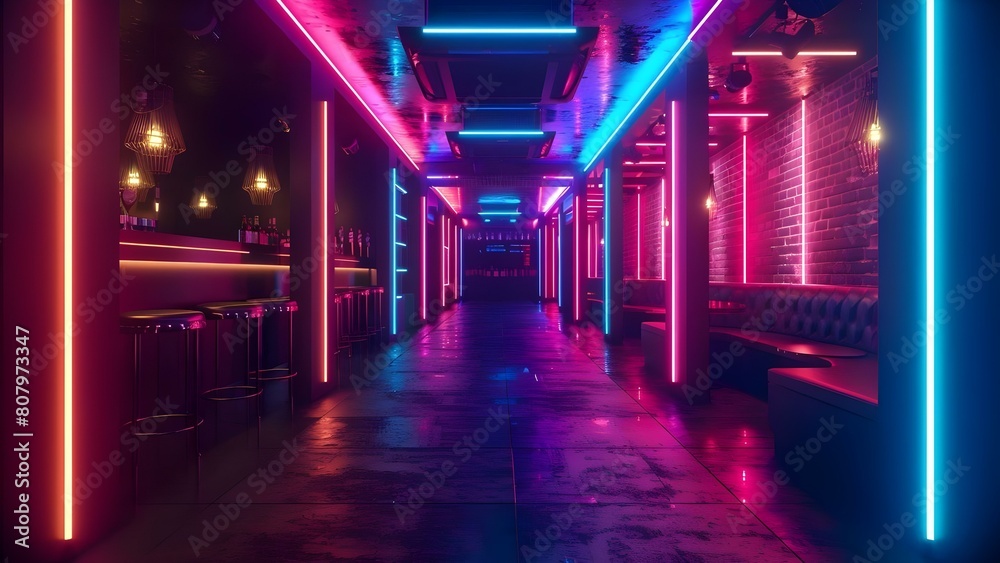 Naklejka premium Neon lights illuminate a dark club with a futuristic atmosphere and retro vibes. Concept Neon Lights, Dark Club, Futuristic Atmosphere, Retro Vibes