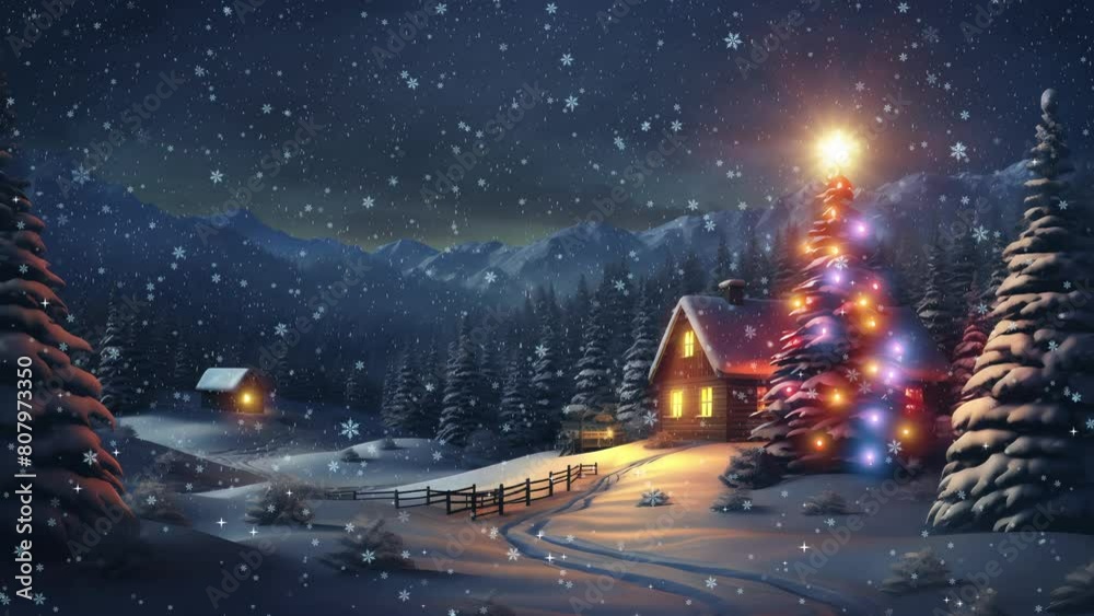 Christmas Tree in the a Winter Night in a Snowy Landscape with a Lit House
Christmas Tree in the a Winter Night in a Snowy Landscape with a Lit House