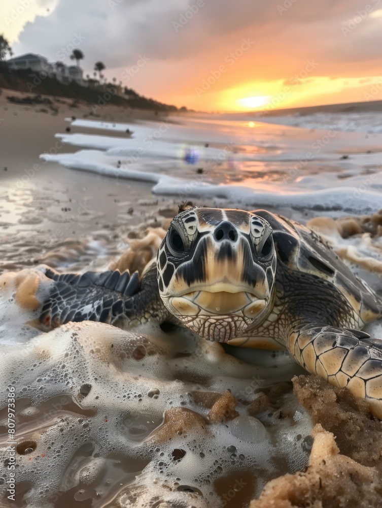 Turtles trapped in fishing nets due to ocean pollution, in sea water ...