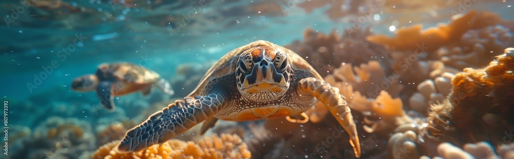 Fototapeta premium Turtles trapped in fishing nets due to ocean pollution, in sea water under the sea, World Environment Day, environmental protection theme，Struggling Sea Turtle Caught in Fishing Net - 4K HD Wallpaper 