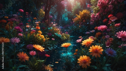 Enchanted Eden Symphony: Whimsical Neon Garden Blooms in Surreal Oasis © Андрій Гатченко