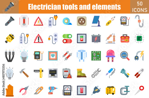 Electrician tools and element icon set. Containing Flashlight,Danger,Telephone Stock,Electric Meter,Swtich,Plug,Protect,Fuse,Capacitor,Fuse Box,Power Strip,
Insulating Tape and more. Vector web icons 