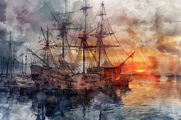 Fototapete Nautischer Stil Mittelalterliches Schiff im Hafen Aquarell  © pilipphoto