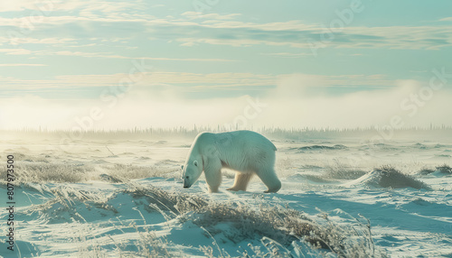 A polar bear is walking across a snowy field