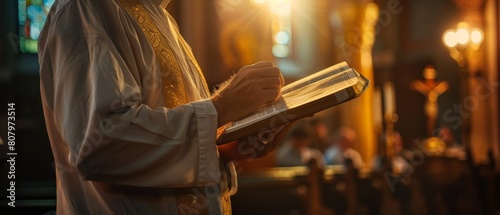 Typical Christian Church: The minister leads the congregation in prayer and reads from the Holy Book, the Bible, and the Gospel of Jesus. Priests provide guidance, hope, and comfort to the people. photo