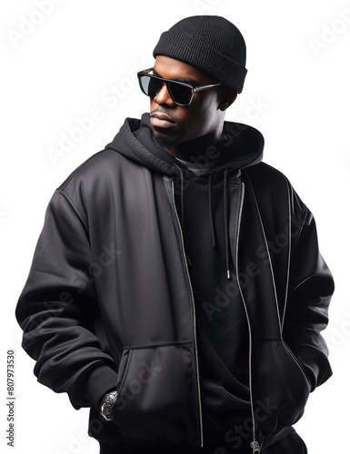 PNG Black man sweatshirt sunglasses portrait.