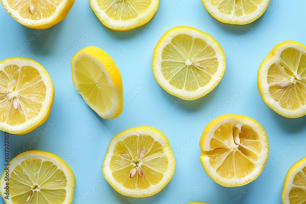 Lemon slices are on a pastel light blue background, There is space for inserting text, advertising photos