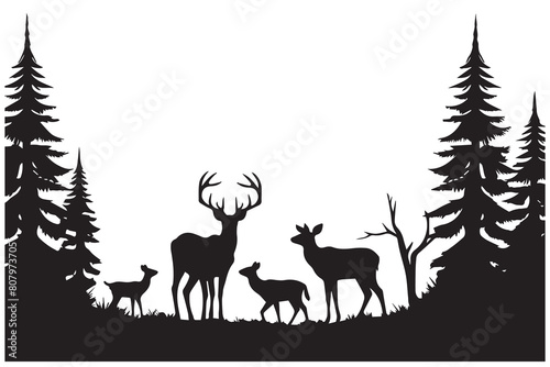 Black silhouette Vector forest and sum deer and bird white background