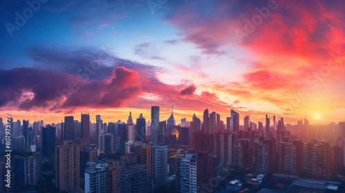  sunset over a bustling cityscape, 