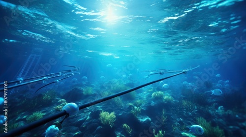 underwater scene with fiber optic cables snaking along the seafloor, 