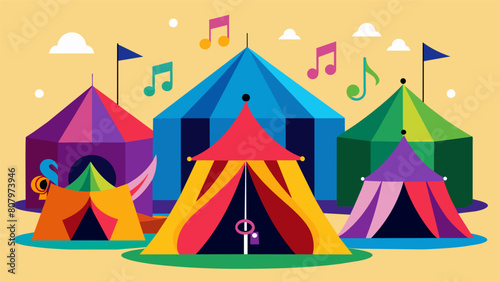 Brightly colored tents were set up each one showcasing a different genre or era of music. Vector illustration