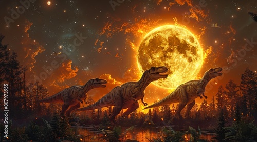 A vivid portrayal of predatory dinosaurs in a Triassic forest with a massive fiery moon backdrop