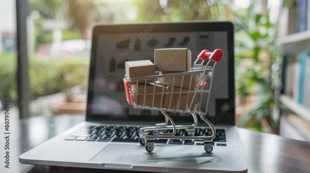 Online shopping concept with shopping cart full of boxes on top of laptop computer.