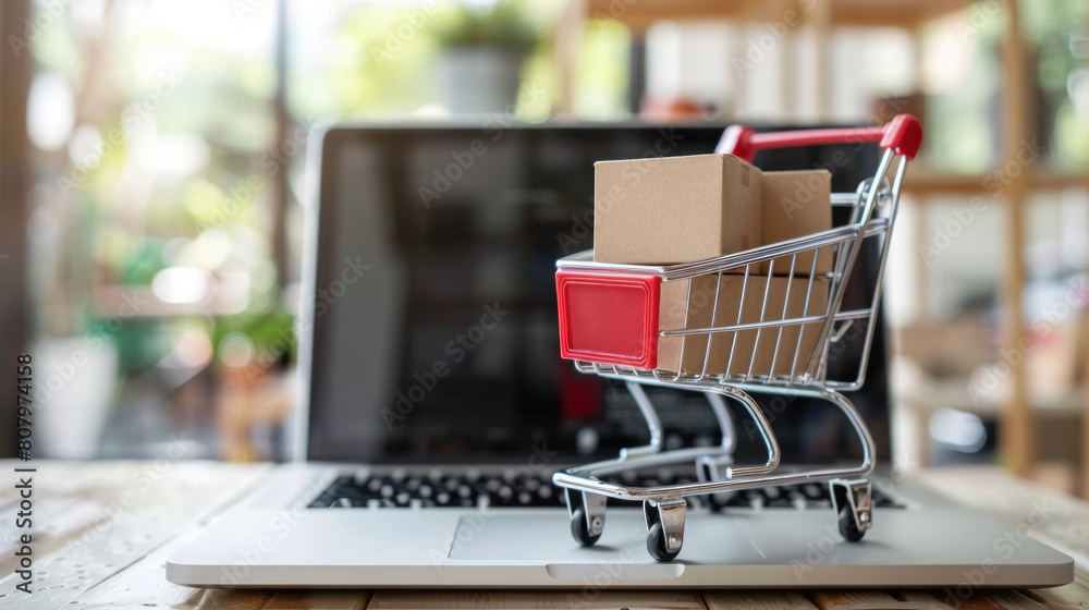Online shopping concept with shopping cart full of boxes on top of laptop computer
