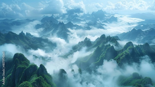 a landscape with large, rocky mountains covered in mist