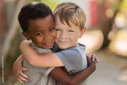 An African American boy and caucasian boy stand hugging each other, International Friendship Day