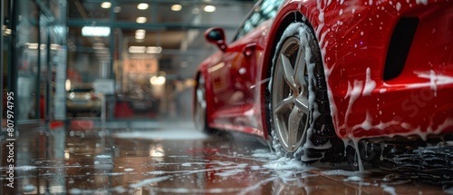 Red Performance Car Getting Care and Treatment at a Professional Vehicle Detailing Shop. Detailer washing smart soap and foam away with a water high pressure washer. © Антон Сальников