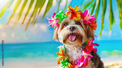 Summer background, Dog with hawaiian costume tropical palm and beach background, Generative AI © BOONJUNG
