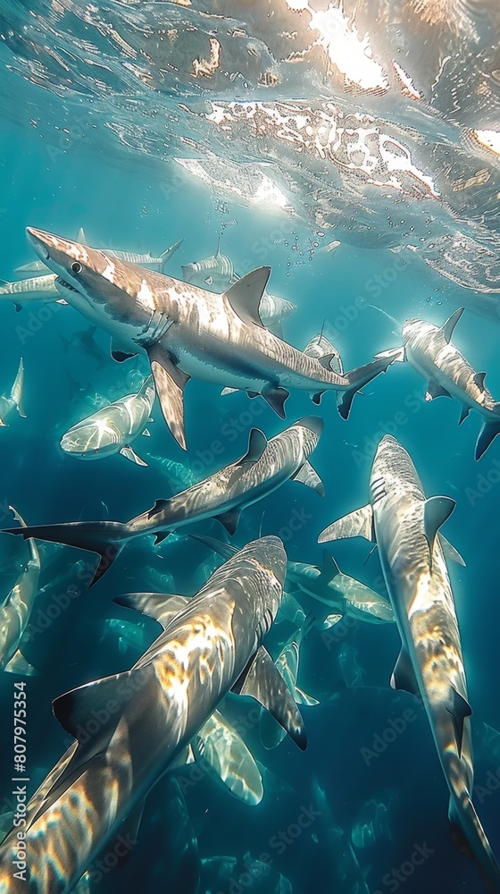 Fototapeta premium Sharks prey on a school of sardines in the open sea, World Environment Day, environmental protection theme, ecological environment, biodiversity, ecological balance, survival of the fittest