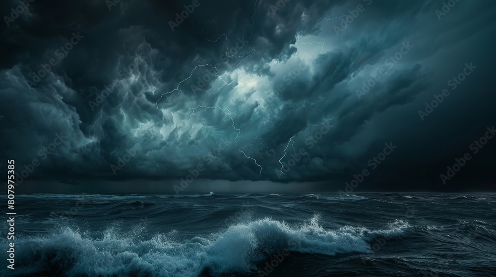 The dark clouds loom over the ocean, the waves churn and crash against the shore.