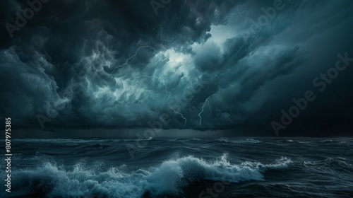 The dark clouds loom over the ocean, the waves churn and crash against the shore. photo