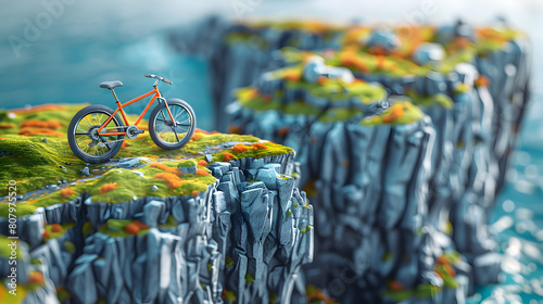 Bike Adventure: 3D Flat Icon of Bike Next to Irish Coastal Cliffs in Isometric Scene