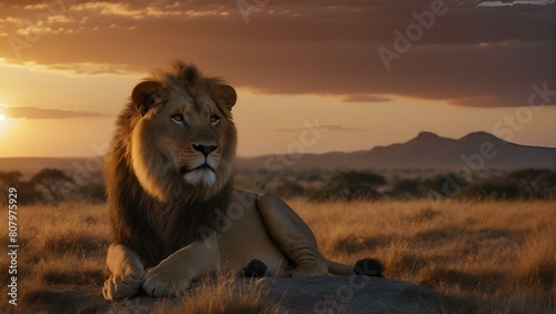 AI generated illustration of a lion resting on a rock in an African savannah