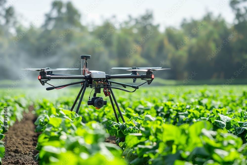 A drone with a camera over a lettuce farm capturing precision agriculture data for crop monitoring and health A drone with a camera over a lettuce farm capturing precision agriculture data for crop monitoring and health