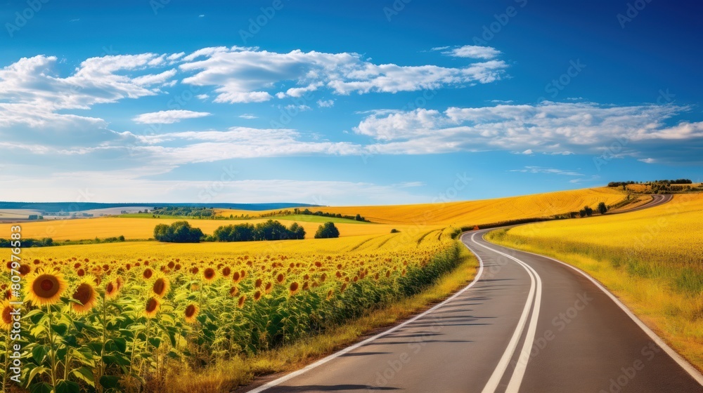 Naklejka premium country road cutting through a field of golden sunflowers, under a vast expanse of blue sky. 