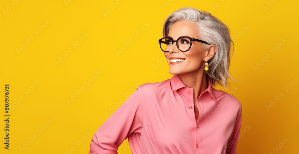 Fashion portrait of stylish happy smiling mature woman with gray hair in bright colorful clothes